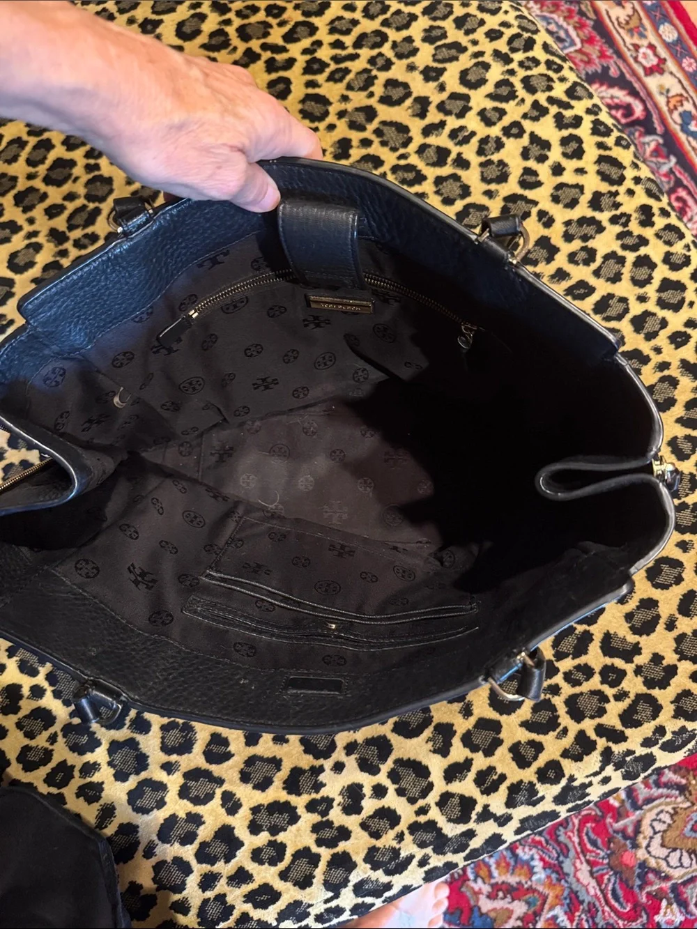 Tory Burch Black Pebbled Leather Satchel with Gold Logo